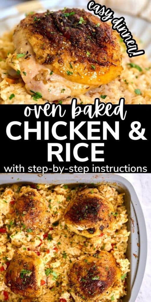 This Oven Baked Chicken and Rice is a simple and wholesome meal that's a breeze to make, using just a handful of ingredients. It features juicy chicken thighs, perfectly cooked rice, and deliciously roasted vegetables for quick dinner.