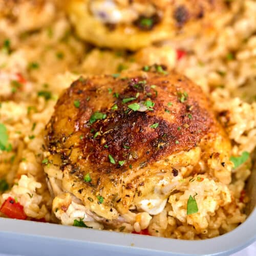 oven baked chicken and rice close up