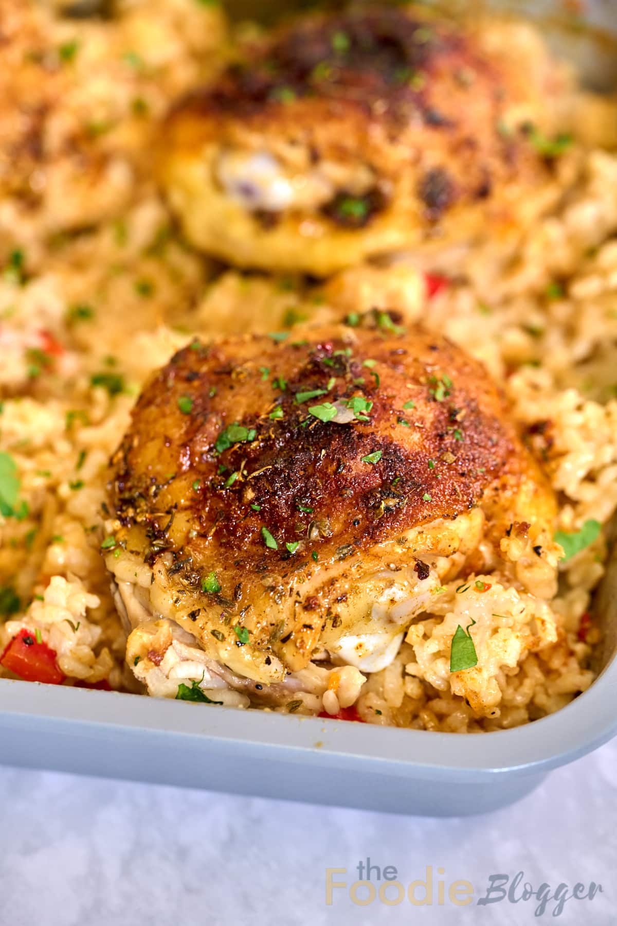 oven baked chicken and rice close up