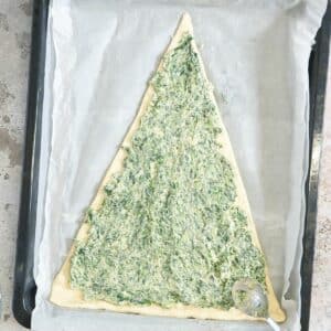 spread the spinach topping dough into a christmas tree shape