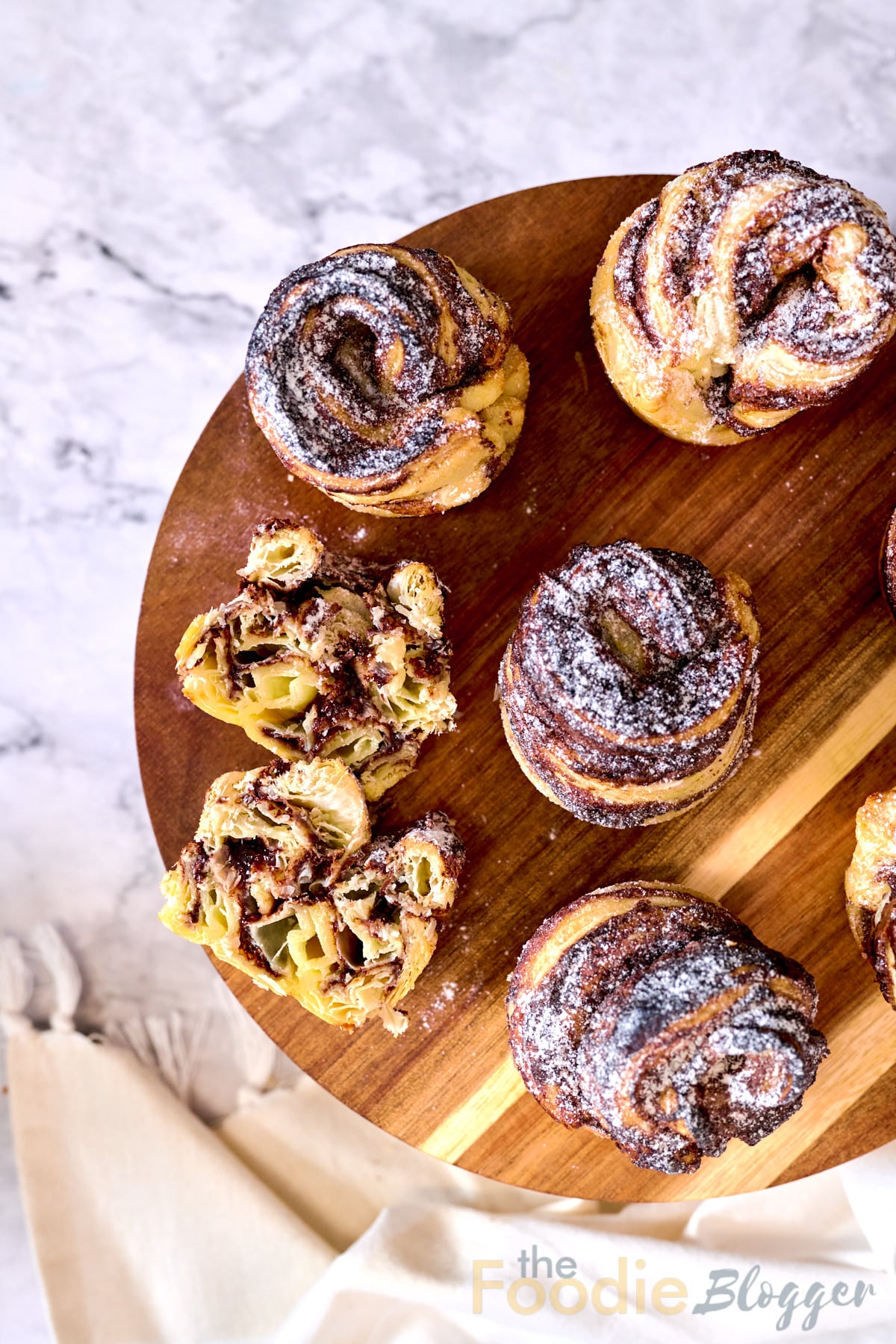 chocolate nutella cruffins on a wooden board view from top