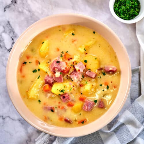 ham and potato soup in a bowl