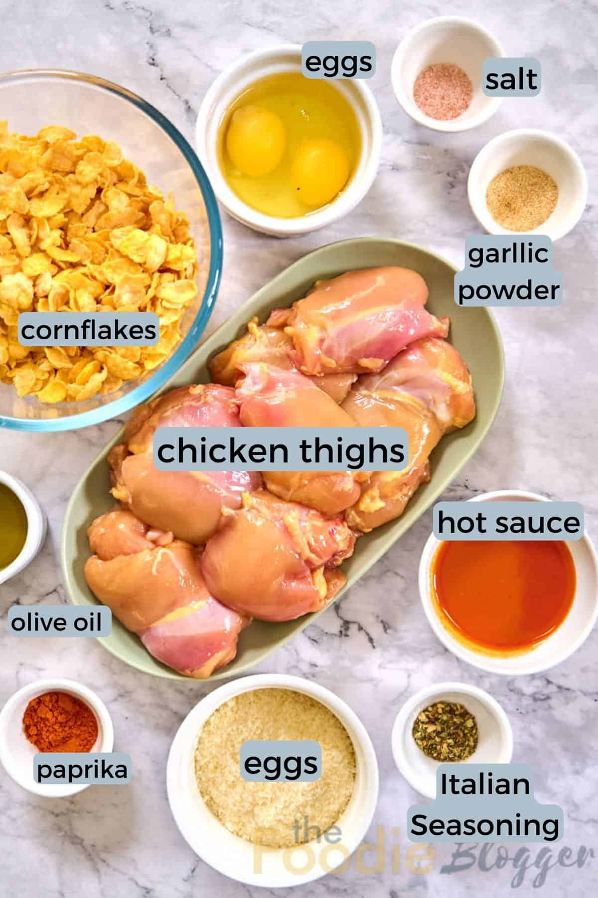Baked Hot Honey Chicken (Super Crunchy!) 3 Baked Hot Honey Chicken Ingredients for the chicken thighs and cornflake coating