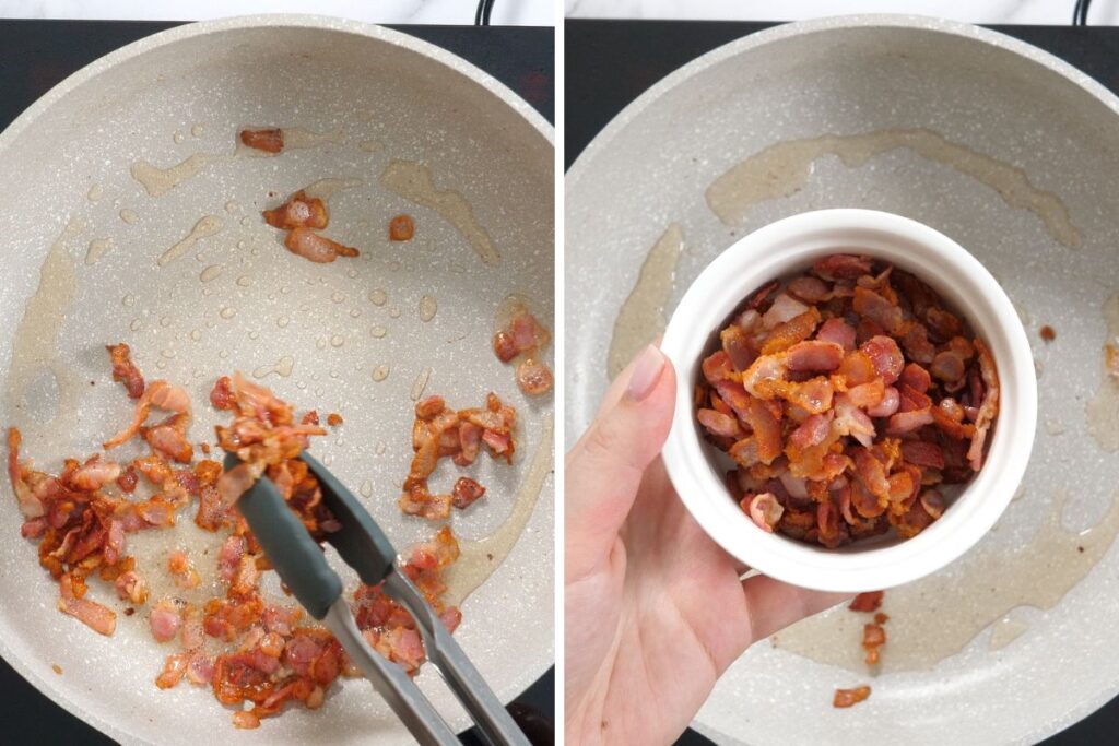Creamy Chicken Carbonara 5 Cooking chopped bacon pieces in a skillet until crisp.