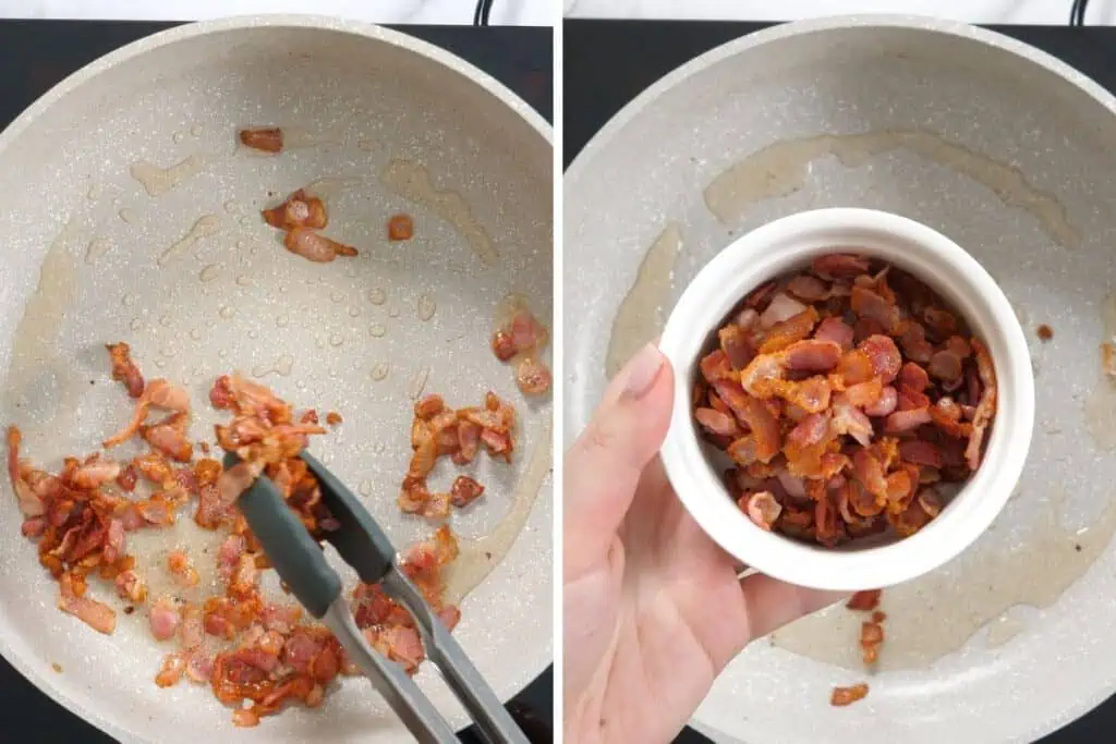 Creamy Chicken Carbonara 5 Cooking chopped bacon pieces in a skillet until crisp.
