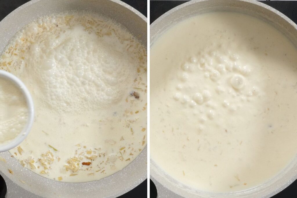 Creamy Chicken Carbonara 8 Pouring heavy cream into the sautéed onion mixture to form the sauce base.