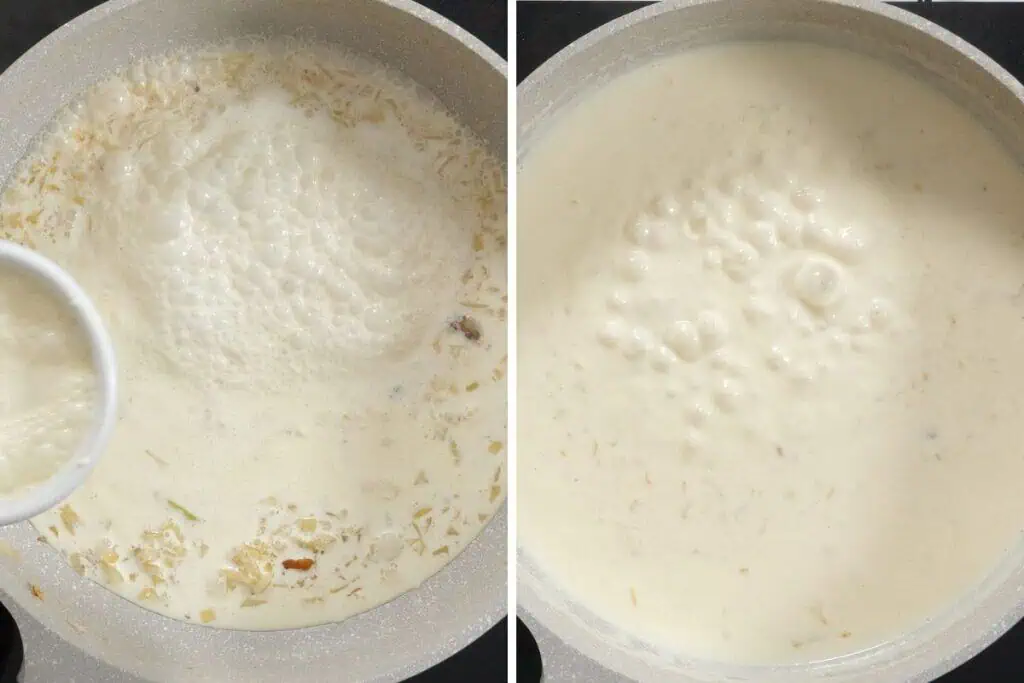 Creamy Chicken Carbonara 8 Pouring heavy cream into the sautéed onion mixture to form the sauce base.
