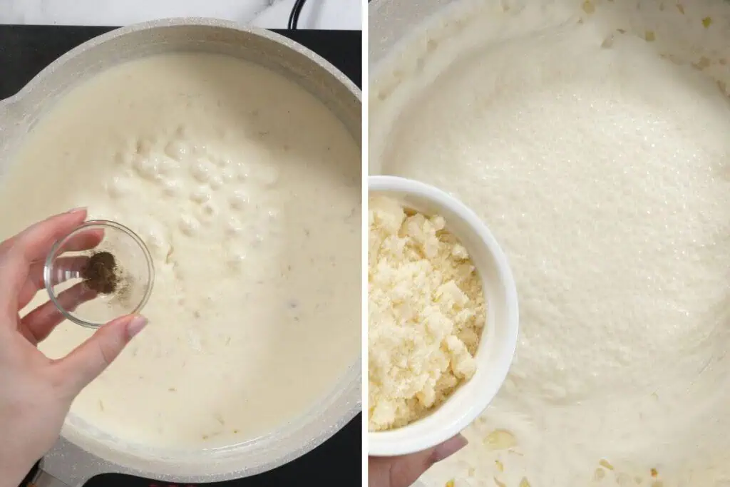 Creamy Chicken Carbonara 9 Pouring grated Parmesan cheese into the bubbling cream sauce.
