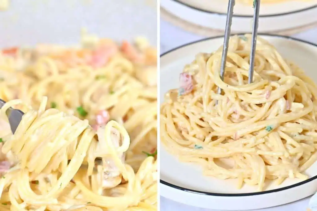 Creamy Chicken Carbonara 11 Mixing freshly cooked pasta into carbonara sauce in a skillet.