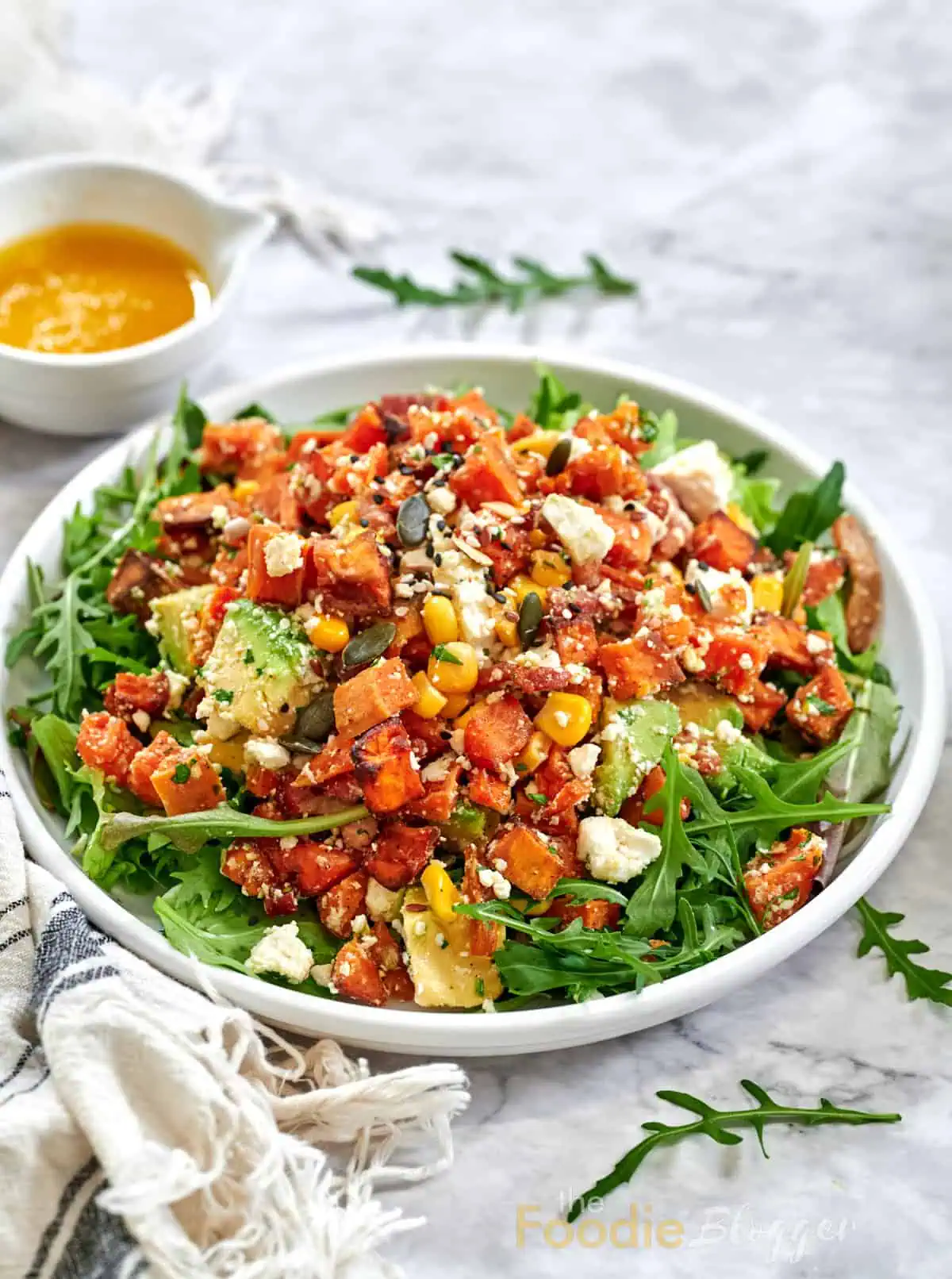 Easy Roasted Sweet Potato Salad with Bacon, Avocado, and Feta 