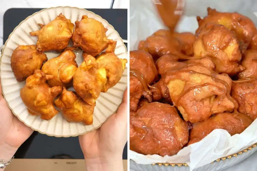 Easy Apple Fritters 7 apple fritters shown in two images: served on a plate and coated with warm glaze.