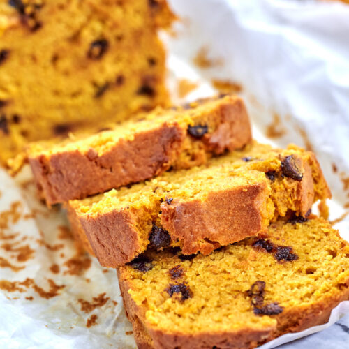 Pumpkin Chocolate Chip Bread 10 A loaf of Easy Pumpkin Chocolate Chip Bread, freshly baked with a golden brown crust and chocolate chips throughout.