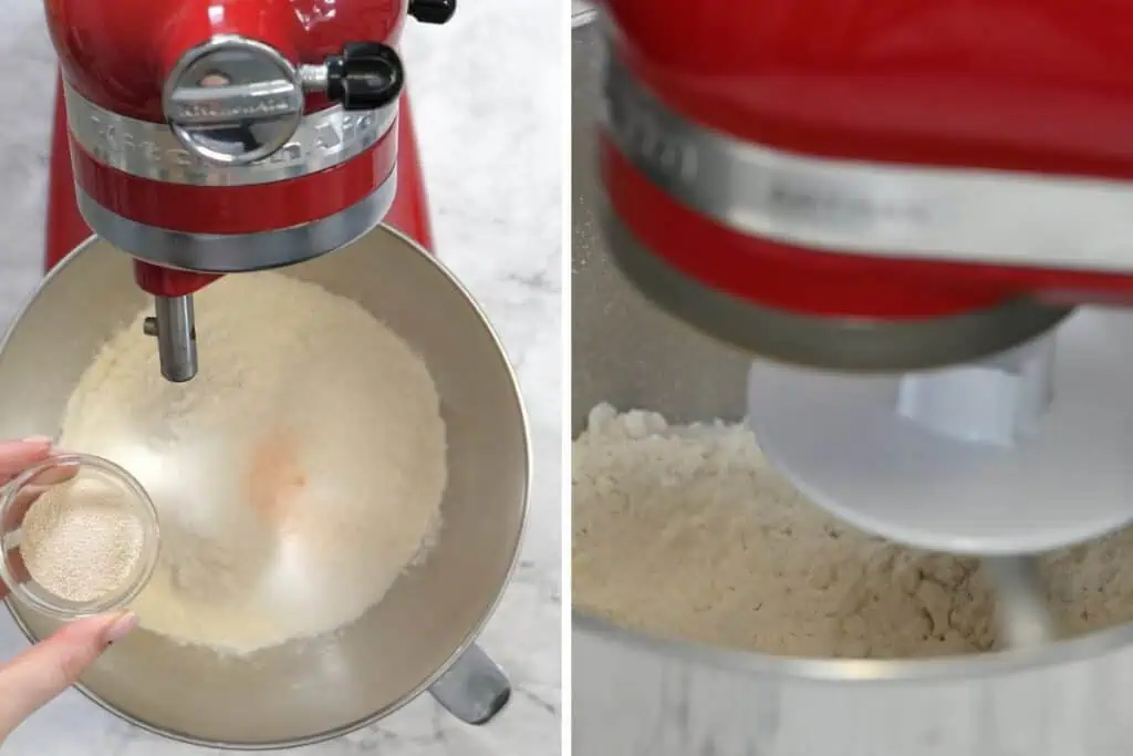 Brioche Donuts 5 Dry ingredients blending in stand mixer before adding wet ingredients.