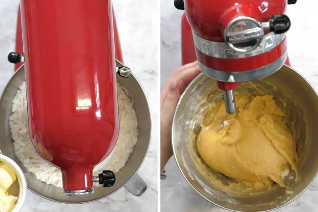 Brioche Donuts 7 Adding softened butter to flour mixture in stand mixer for brioche donut dough.