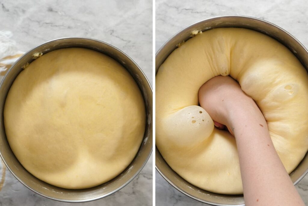 Brioche Donuts 9 Fully risen brioche dough in a bowl after proofing.
