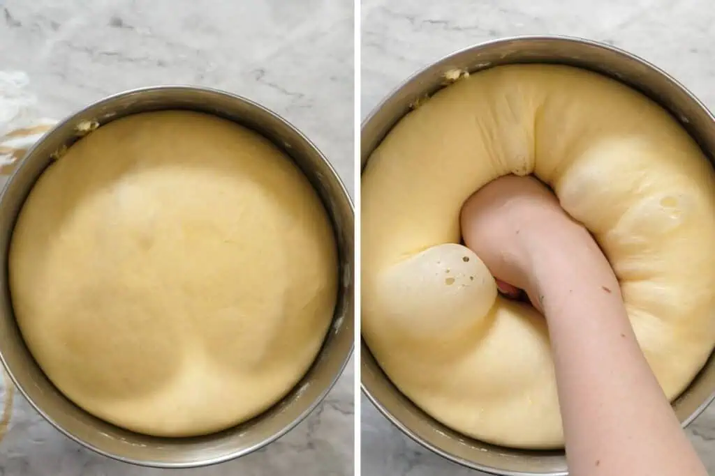 Brioche Donuts 9 Fully risen brioche dough in a bowl after proofing.