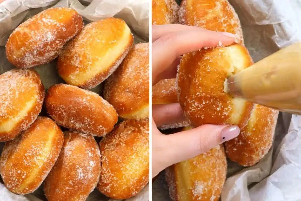 Brioche Donuts 12 Freshly fried brioche donuts coated in sugar in a bowl.