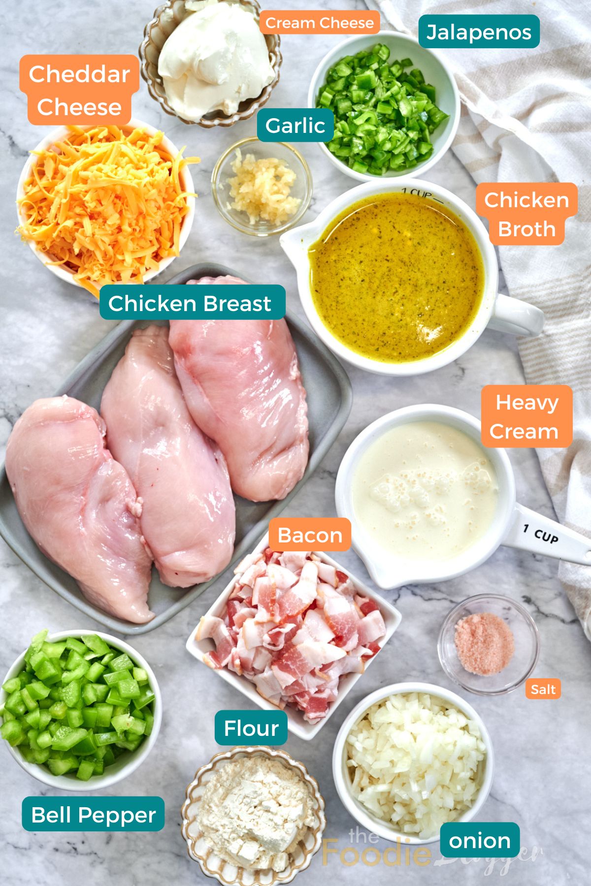 Jalapeno Popper Chicken Soup 3 Flat-lay of soup ingredients: chicken breasts, diced bacon, cheddar, cream cheese, jalapeños, garlic, bell pepper, onion, broth, cream, flour, and seasonings.