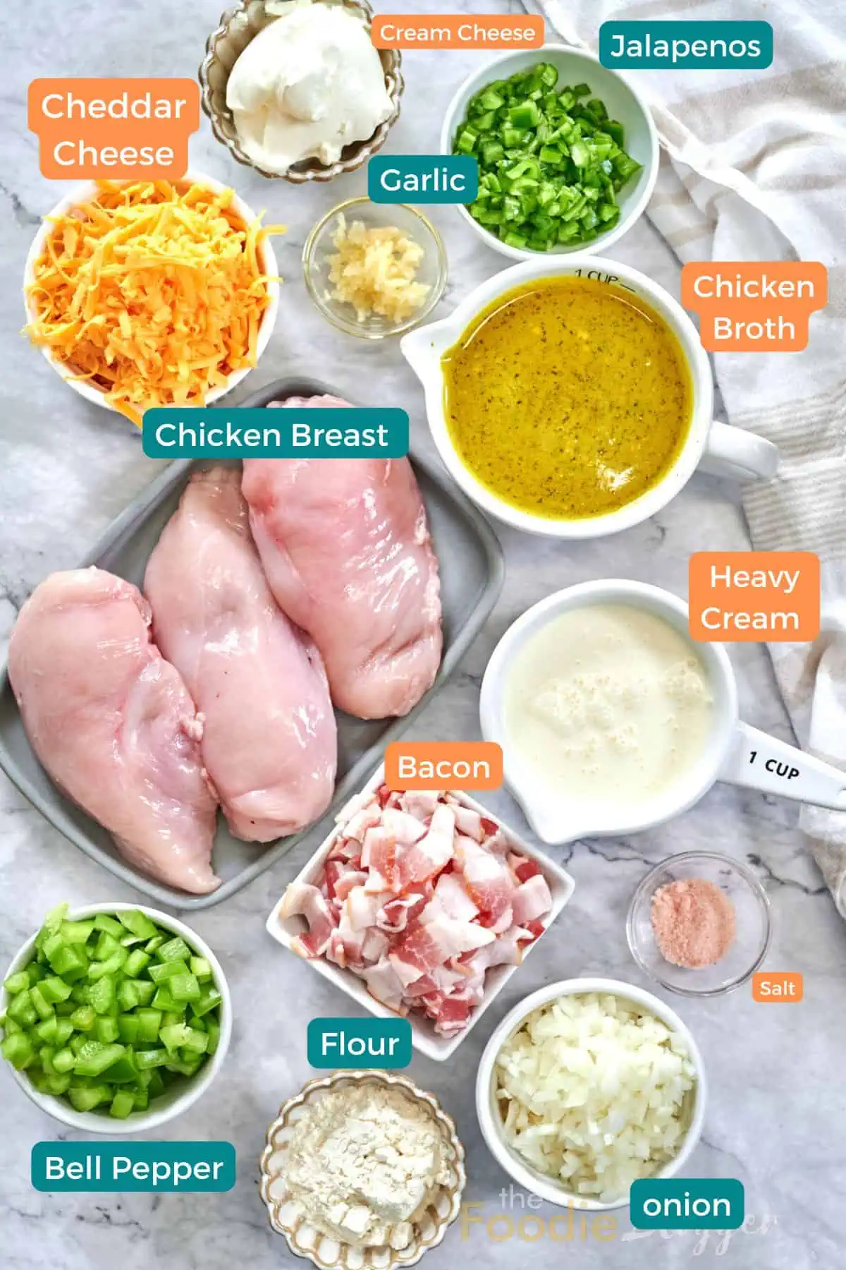 Jalapeno Popper Chicken Soup 3 Flat-lay of soup ingredients: chicken breasts, diced bacon, cheddar, cream cheese, jalapeños, garlic, bell pepper, onion, broth, cream, flour, and seasonings.