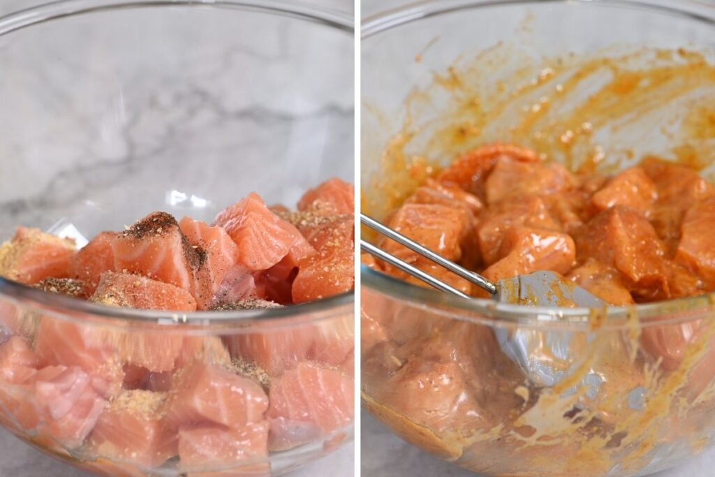 Bang Bang Salmon 4 Mixing salmon chunks with a spicy marinade in a glass bowl.