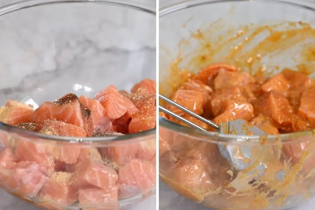 Bang Bang Salmon 4 Mixing salmon chunks with a spicy marinade in a glass bowl.