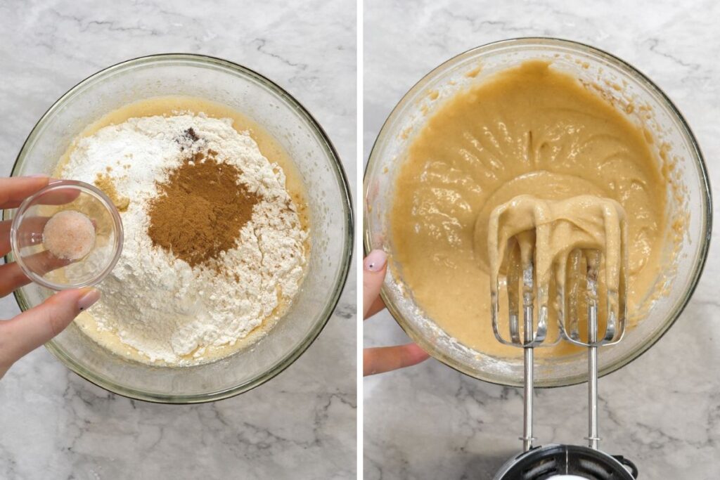 Carrot Cake Bars 6 Combining dry ingredients with wet mixture to make carrot cake bars batter.
