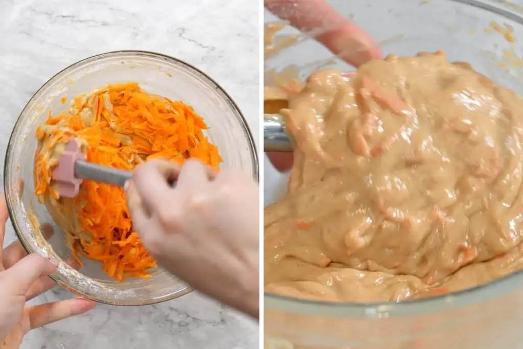 Carrot Cake Bars 7 Folding freshly grated carrots into carrot cake bar batter with a spatula.