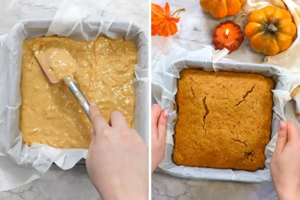 Carrot Cake Bars 8 Freshly baked carrot cake bars cooling in a parchment-lined pan.