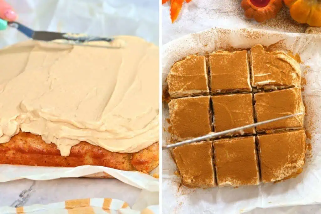 Carrot Cake Bars 10 Spreading a thick layer of cream cheese frosting over carrot cake bars.