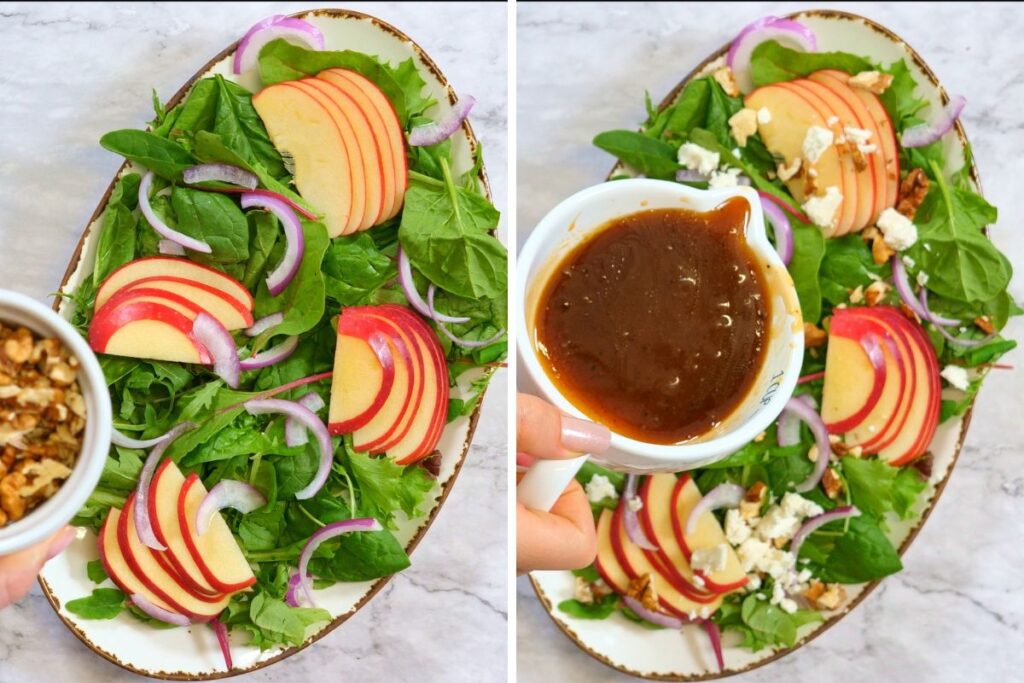 Apple Walnut Salad 7 Assembled apple walnut salad with greens, apples, onions, and cheese.