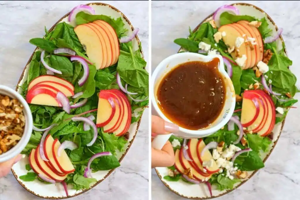 Apple Walnut Salad 7 Assembled apple walnut salad with greens, apples, onions, and cheese.