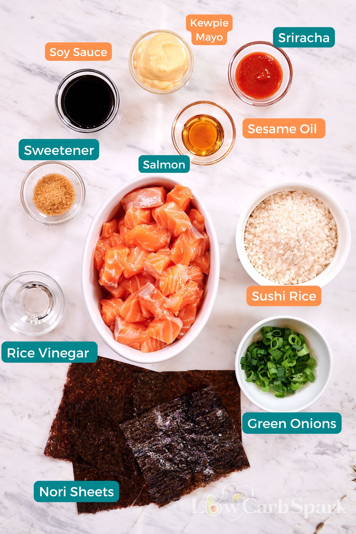 Baked Salmon Sushi Cups 3 Ingredients for Baked Salmon Sushi Cups including salmon, mayo, rice.
