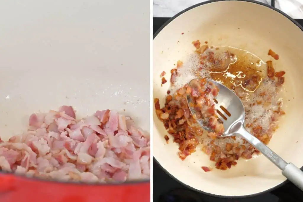 Jalapeno Popper Chicken Soup 4 Crisping bacon pieces in a Dutch oven for jalapeño popper chicken soup.