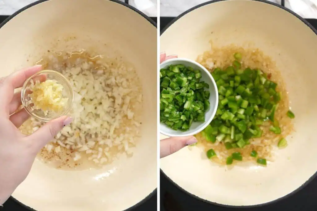 Jalapeno Popper Chicken Soup 5 Adding minced garlic to sautéed onions in a pot for jalapeño popper chicken soup.
