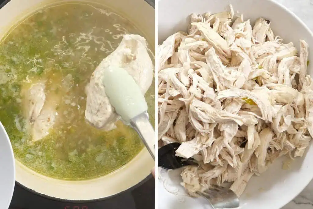 Jalapeno Popper Chicken Soup 7 Removing cooked chicken breasts from simmering jalapeño broth.