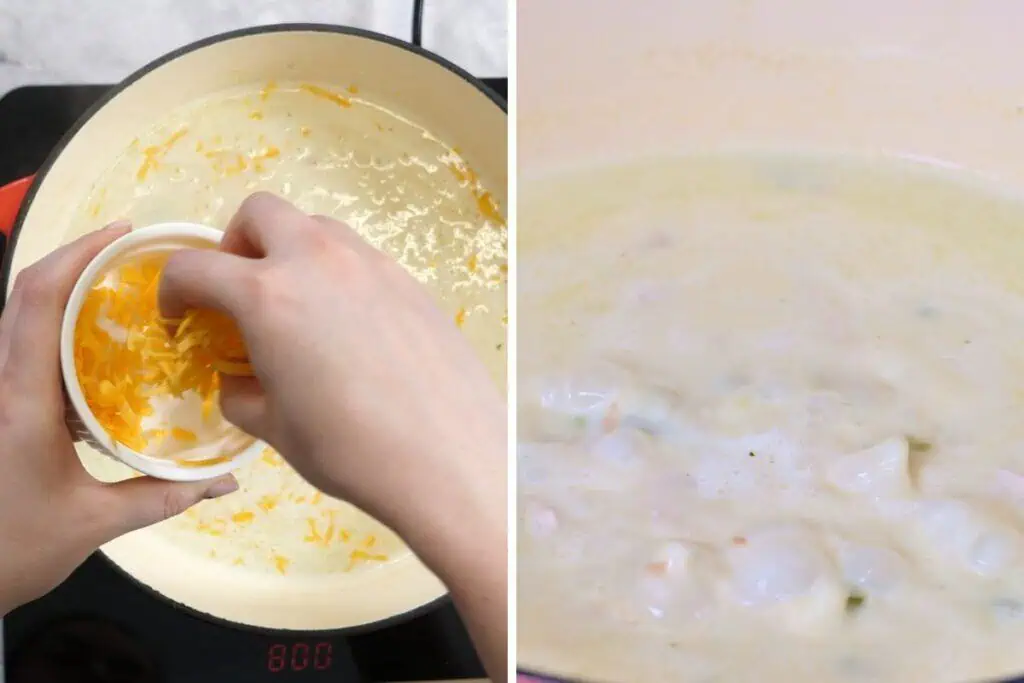 Jalapeno Popper Chicken Soup 9 Adding shredded cheddar cheese to creamy jalapeño chicken soup.
