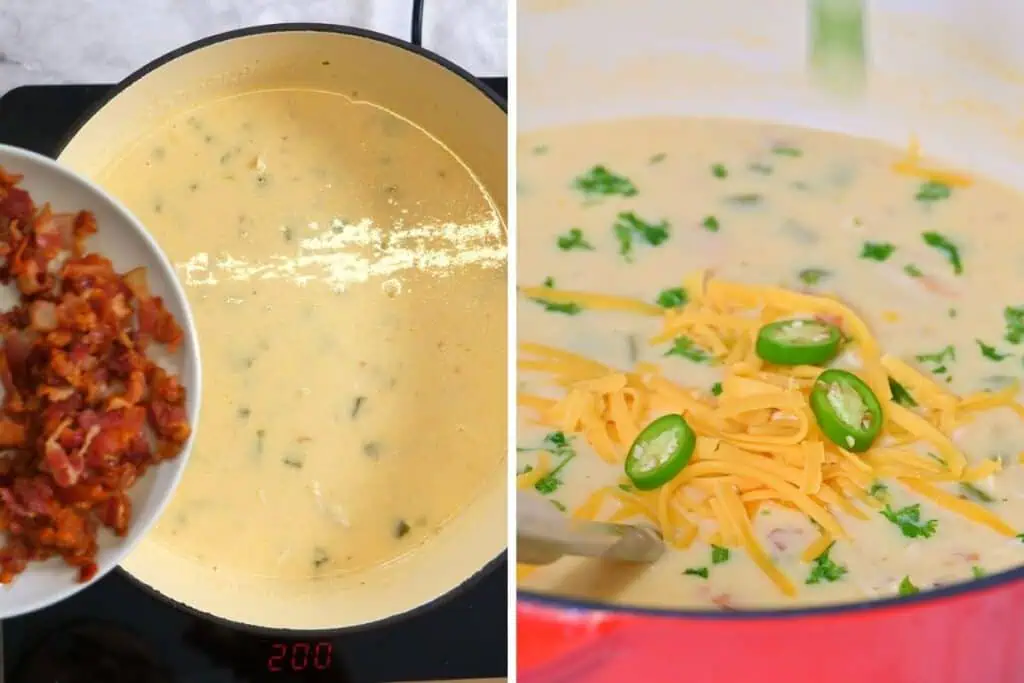 Jalapeno Popper Chicken Soup 10 Adding cooked crispy bacon pieces to creamy jalapeño chicken soup.