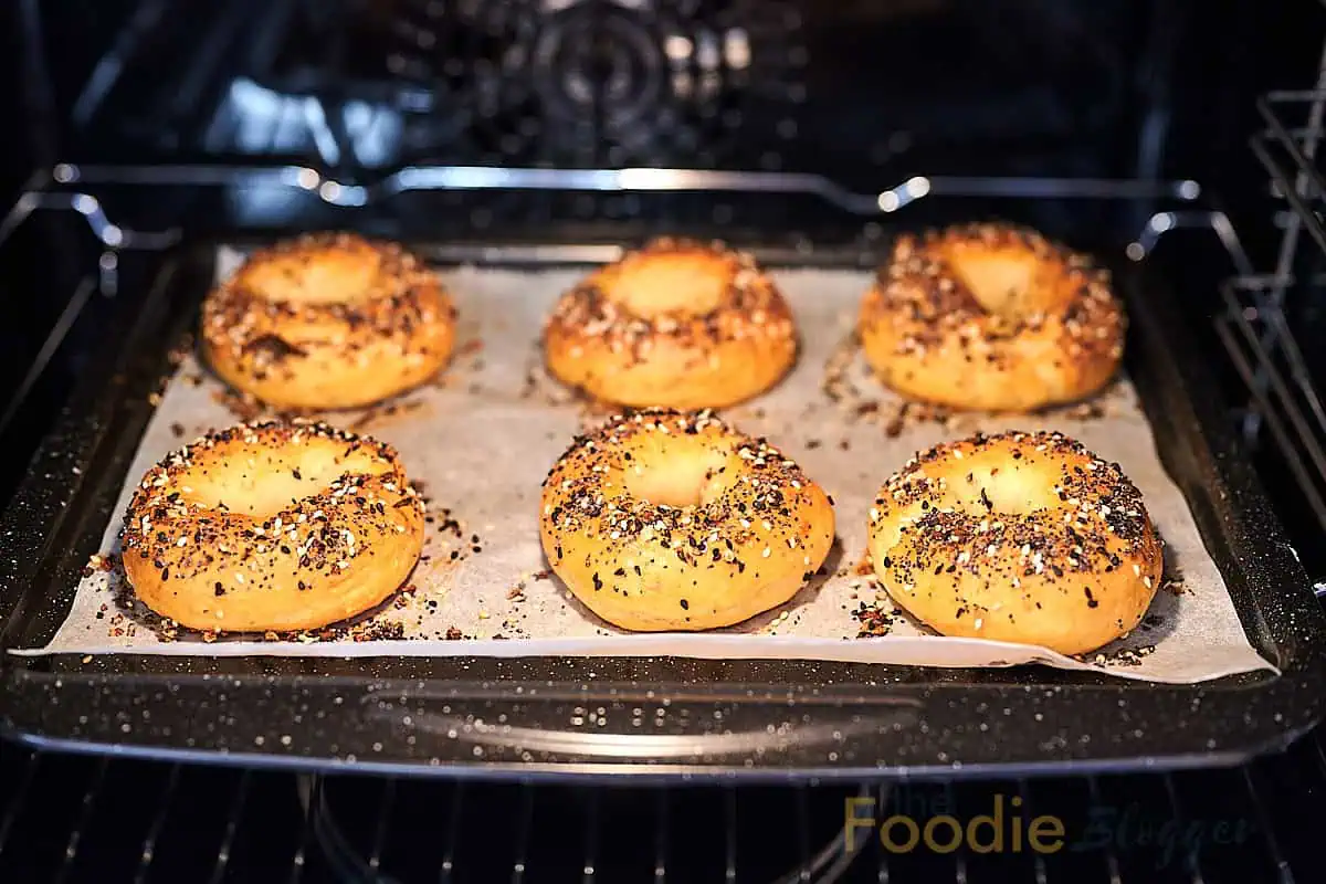 Cottage Cheese Bagels 3 cottage cheese bagels in the oven