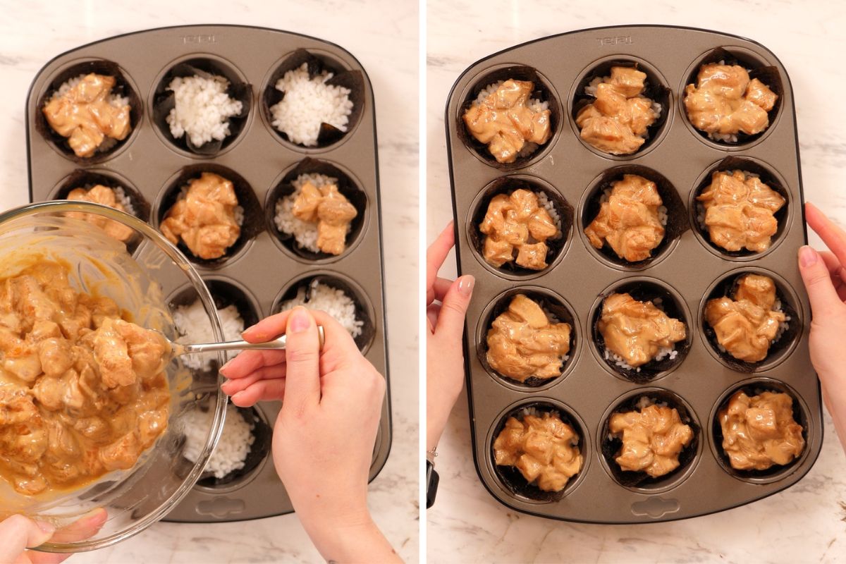 Baked Salmon Sushi Cups 8 Filling each muffin cup with marinated salmon over the rice.