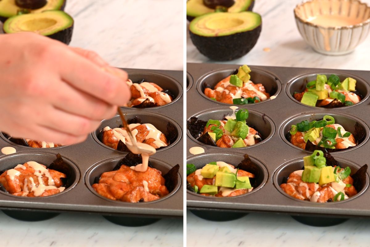 Baked Salmon Sushi Cups 10 Garnishing baked salmon sushi cups with creamy sauce and avocado.