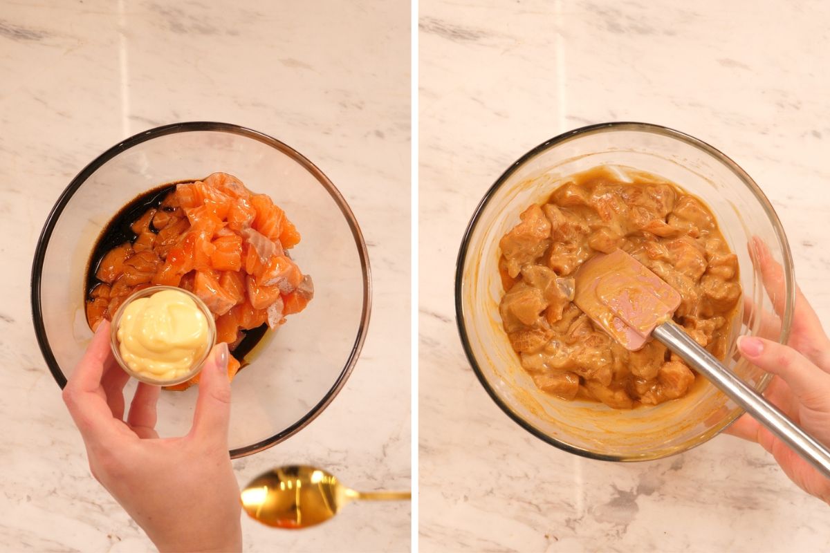 Baked Salmon Sushi Cups 4 Marinating salmon cubes in soy sauce and spicy mayo.