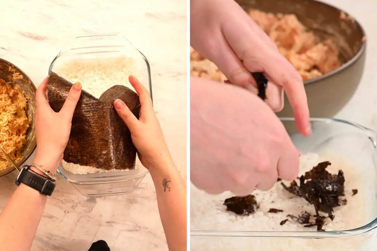 Salmon Sushi Bake 7 Placing nori sheets over the rice layer in a sushi bake dish.