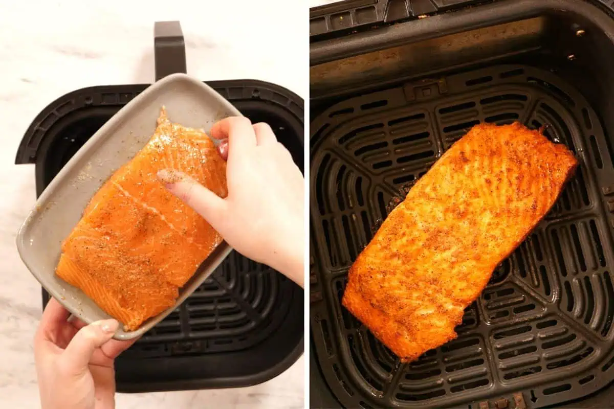 Salmon Sushi Bake 4 Cooking salmon in the air fryer for sushi bake filling.