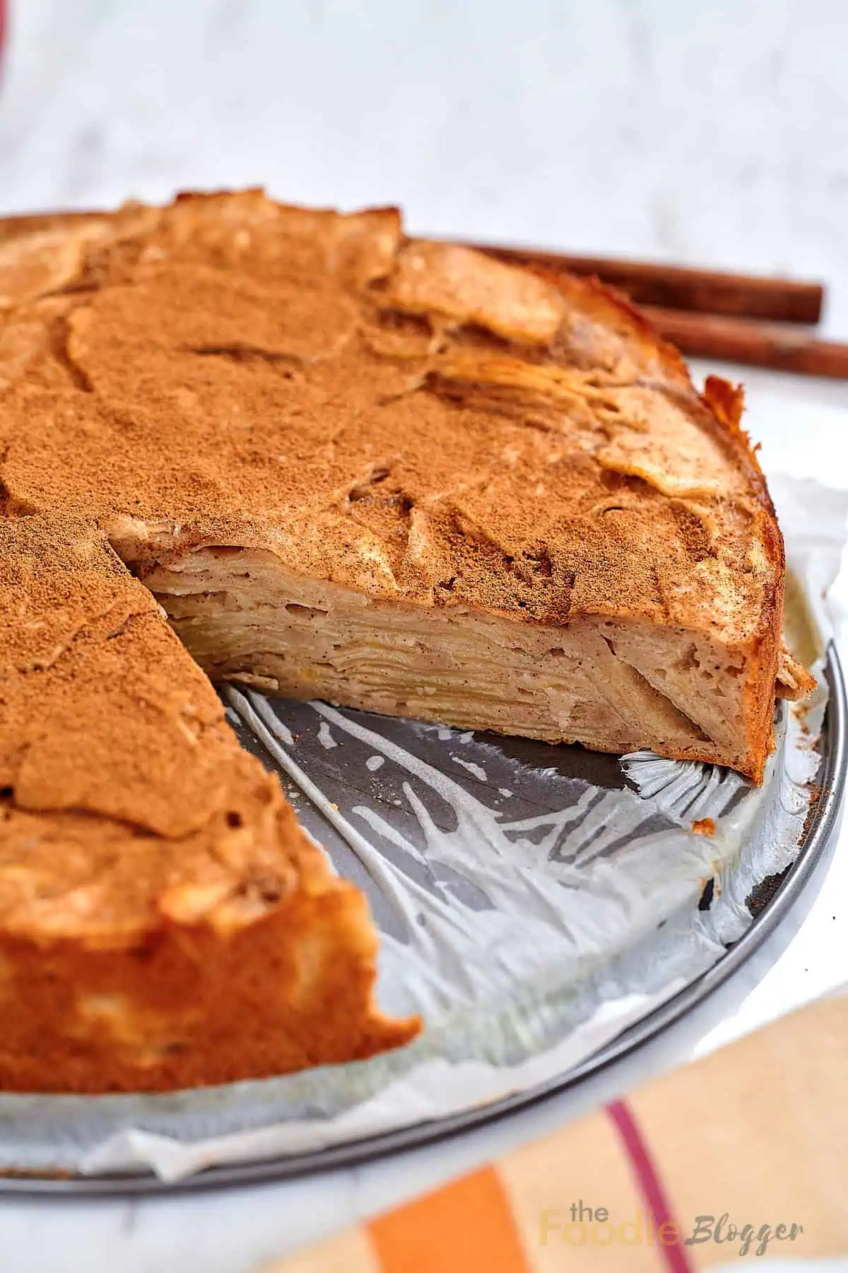 Invisible Apple Cake 2 Close-up of invisible apple cake with visible thin apple layers and cinnamon dusting.