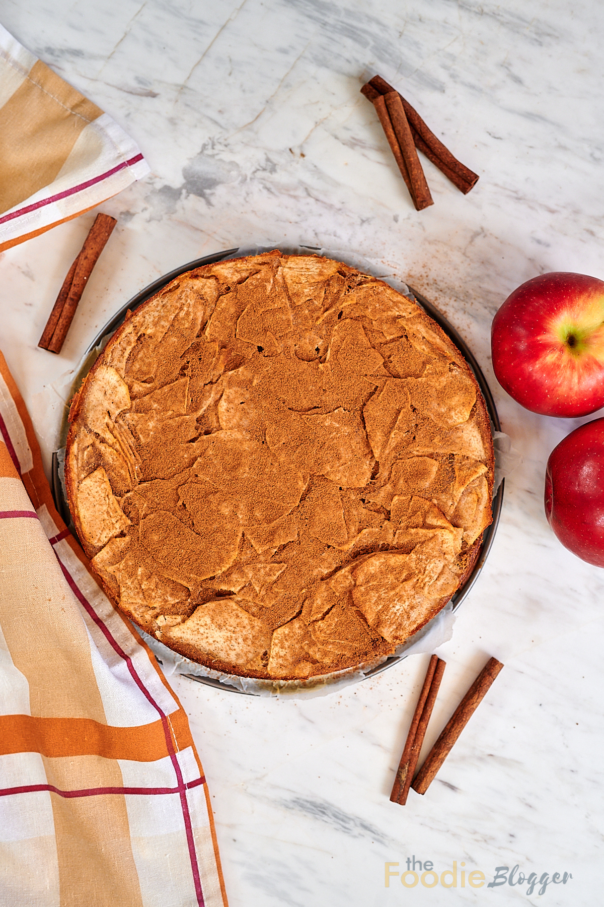 Invisible Apple Cake 12 Overhead shot of baked invisible apple cake dusted with cinnamon.