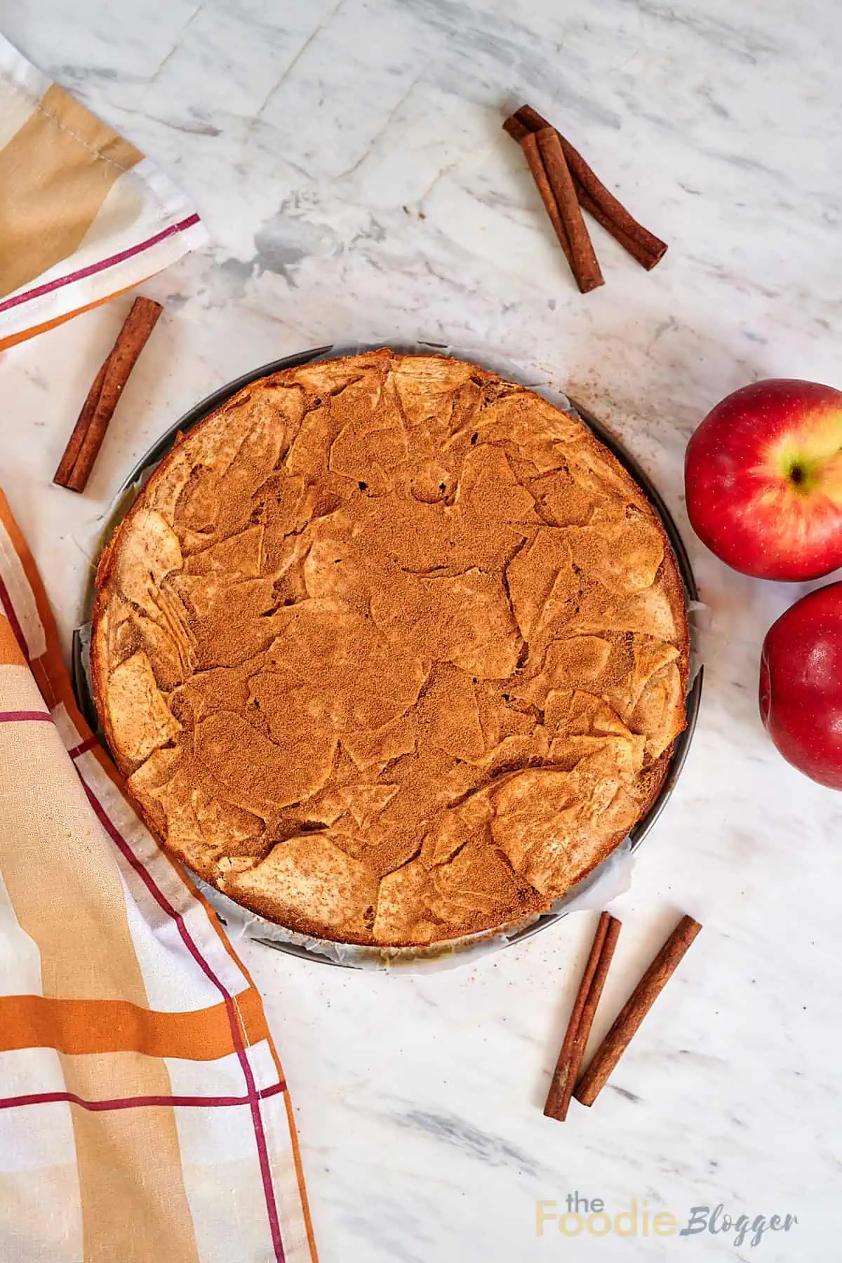 Invisible Apple Cake 12 Overhead shot of baked invisible apple cake dusted with cinnamon.