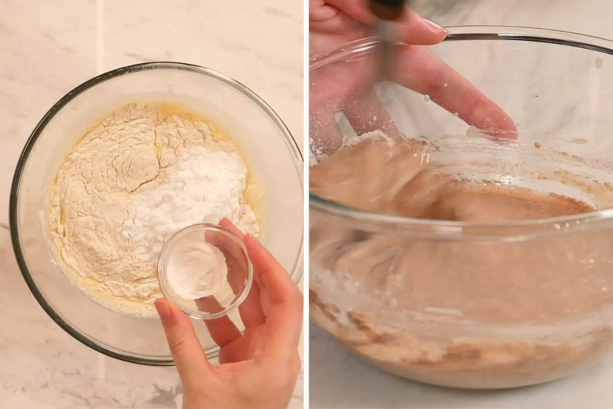 Invisible Apple Cake 7 Combining flour and baking powder mixture to create apple cake base.