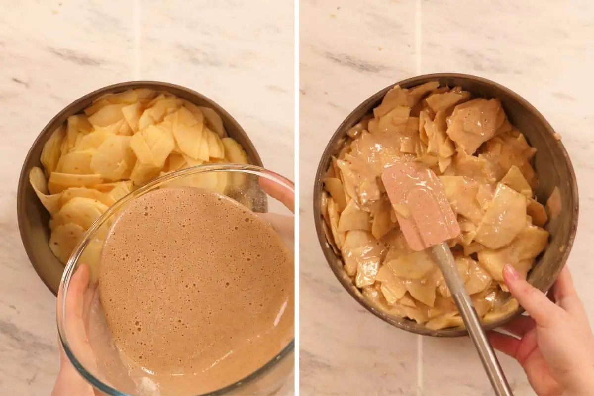 Invisible Apple Cake 8 Pouring cinnamon-spiced batter over thinly sliced apples in a mixing bowl.