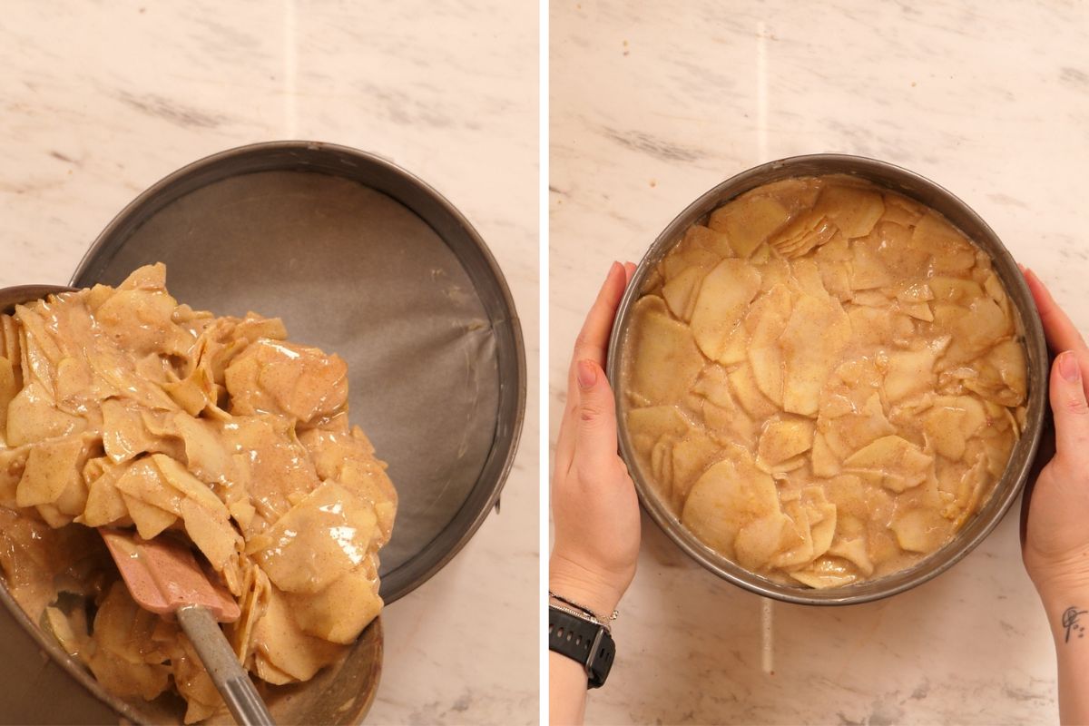 Invisible Apple Cake 9 Pouring apple cake mixture into a lined springform pan.