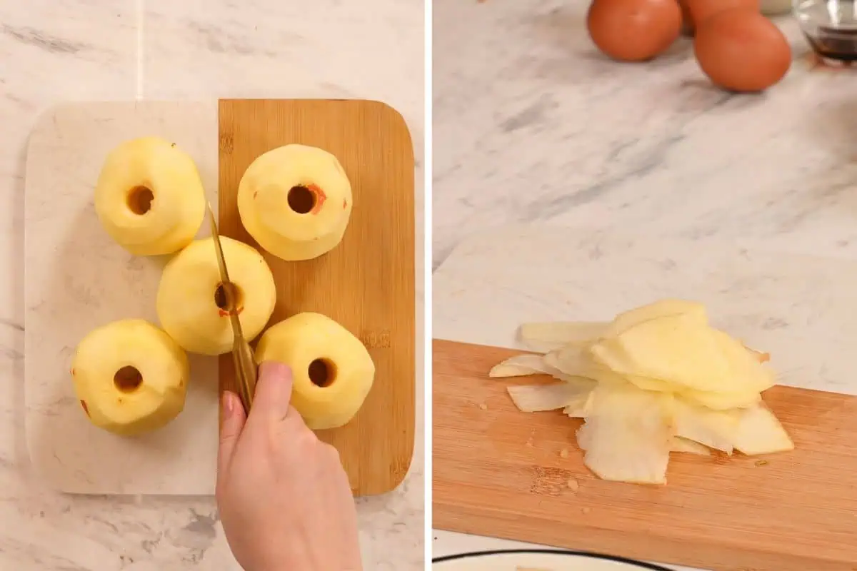 Invisible Apple Cake 4 Peeling and slicing apples thinly on cutting board for invisible apple cake.